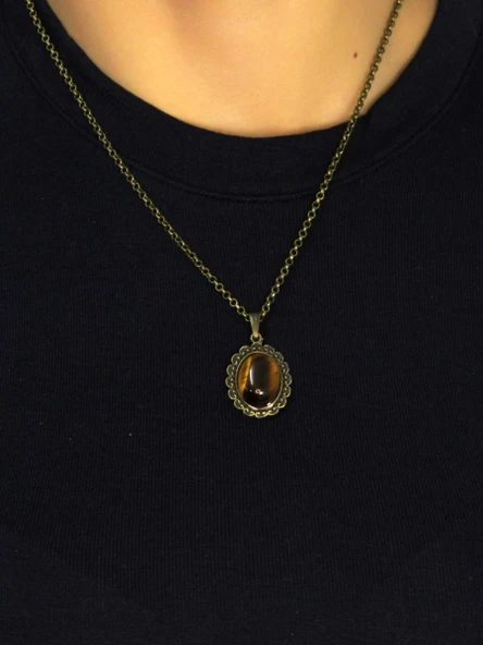 Doğal Taş Kaplangözü Doğal Taşlı Kadın Doğal Taş Otantik Kolye euk27kg - Resim 3