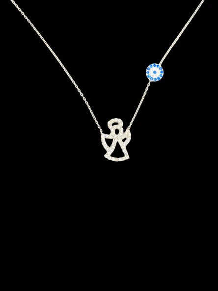 925 Ayar İthal Gümüş Zirkon Taşlı Melek ve Nazar Boncuğu Model Kolye Şık ve Anlamlı Hediye ürün görseli