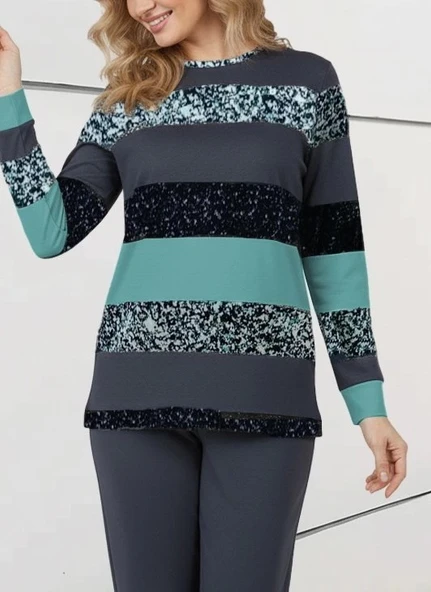 Kadın Uzun Kollu Bisiklet Yaka çizgili Desen Iki Iplik Bluz Ve Pantolon Ikili Takım - Resim 2