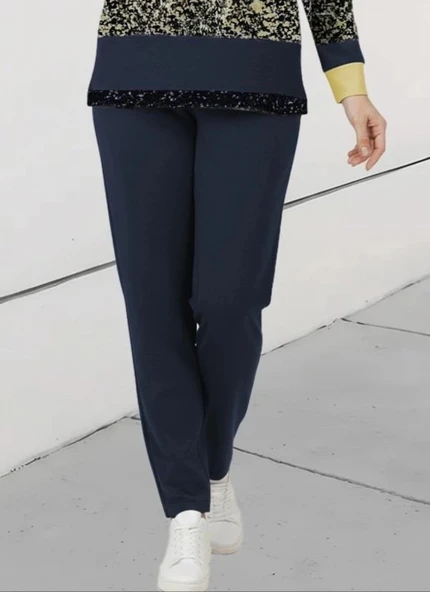 Kadın Uzun Kollu Bisiklet Yaka çizgili Desen Iki Iplik Bluz Ve Pantolon Ikili Takım - Resim 3