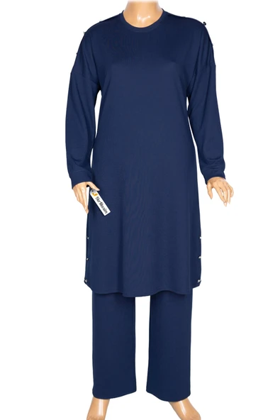Hesna Kadın Benan Fitili Düğmeli Spor İndigo Tunik Pantolon Takım - Resim 3