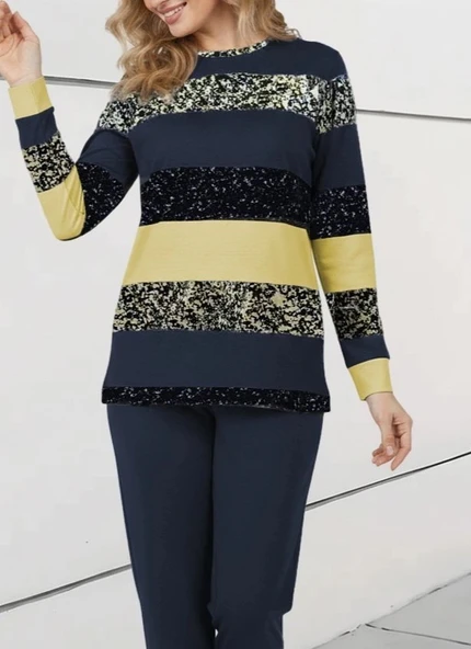 Kadın Uzun Kollu Bisiklet Yaka çizgili Desen Iki Iplik Bluz Ve Pantolon Ikili Takım - Resim 2