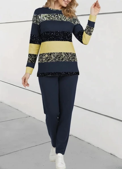 Kadın Uzun Kollu Bisiklet Yaka çizgili Desen Iki Iplik Bluz Ve Pantolon Ikili Takım - Resim 4