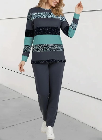 Kadın Uzun Kollu Bisiklet Yaka çizgili Desen Iki Iplik Bluz Ve Pantolon Ikili Takım - Resim 4