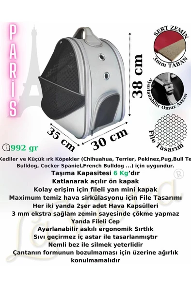 La Vista Yırtılmaz Fileli Paris Kedi, Küçük Köpek Sırt Taşıma Çantası Siyah 32-26-40cm - Resim 3