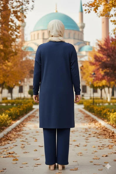 Hesna Kadın Benan Fitili Düğmeli Spor İndigo Tunik Pantolon Takım - Resim 2