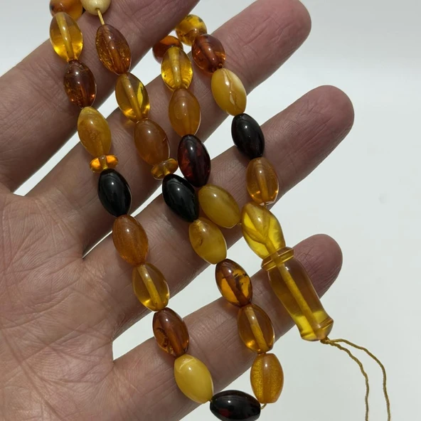 Renk Karması Doğal Kaya Damla Kehribar Tesbih 33lük 11,35x7,4mm 14 Gram - Resim 2