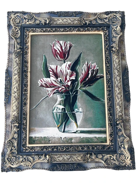 Sükûnetin Laleleri Adlı İran Tebriz Halı Tablo 94x74cm - Duvar Halı Kilim Tablo ürün görseli