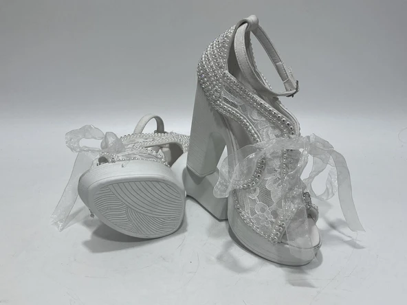 Ayakkabı Tutkusu Stilo İnci Kaplama Kalın Topuk Gelin Ayakkabısı 39 Numara - Resim 6