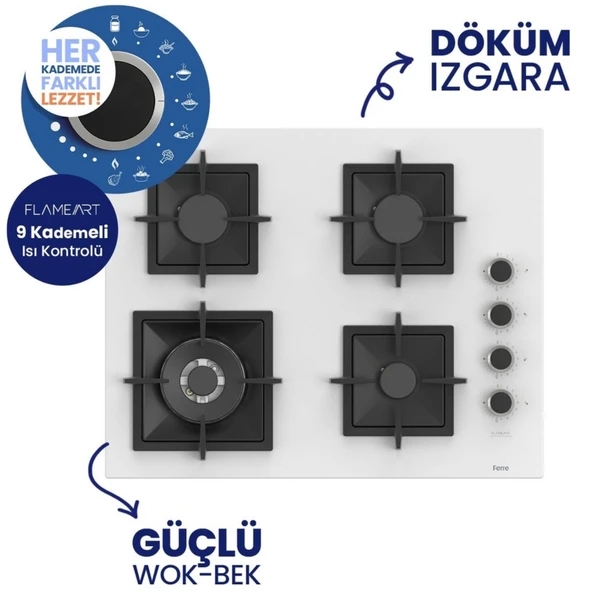 Ferre FryART & SilentArt PELE /Sessiz Beyaz Ankastre Set ( D081-SA + XE64CB + SC406-WFA wok ) - Resim 5