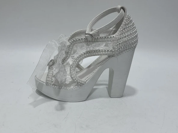 Ayakkabı Tutkusu Stilo İnci Kaplama Kalın Topuk Gelin Ayakkabısı 39 Numara - Resim 3