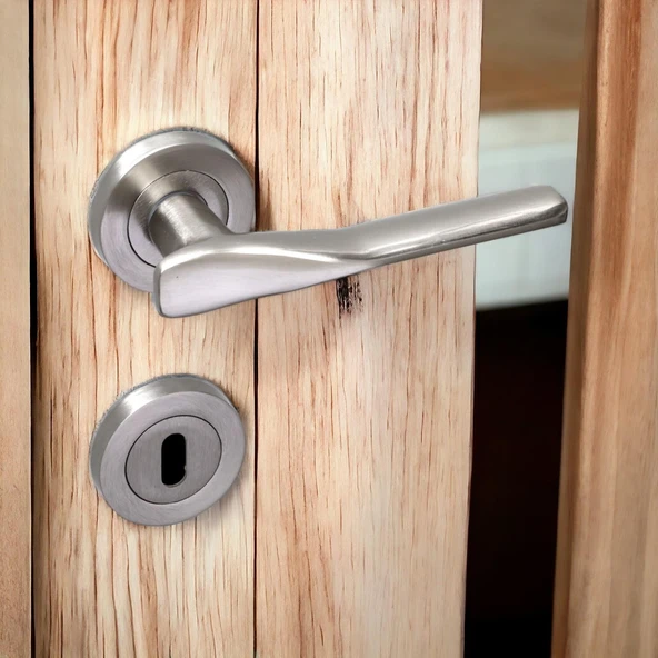 Saten Rozetli Oda Kapı Kolu Sürgülü ve Çelik Kapı Kulpu Uyumlu Daire Sağa Sola Uygun Kolları - Resim 2