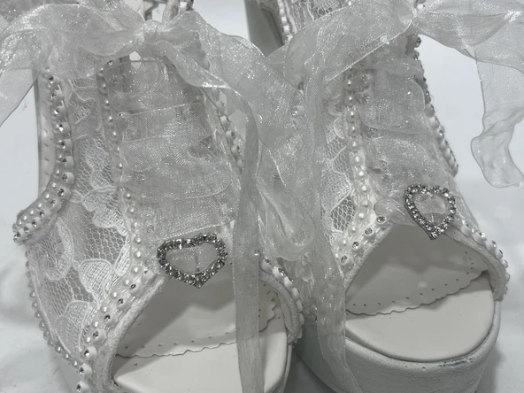 Ayakkabı Tutkusu Stilo İnci Kaplama Kalın Topuk Gelin Ayakkabısı 39 Numara - Resim 4