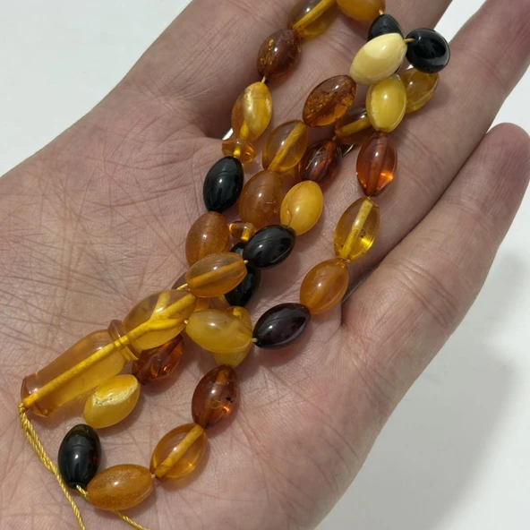 Renk Karması Doğal Kaya Damla Kehribar Tesbih 33lük 11,35x7,4mm 14 Gram - Resim 3