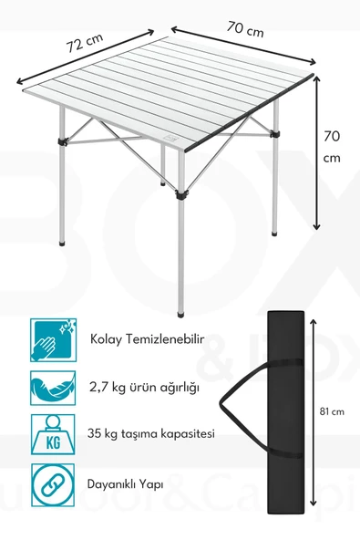 Box&Box Alüminyum, Katlanabilir Kamp ve Piknik Masası, Omuz Askılı Taşıma Çantasıyla XL, Gri - Resim 3