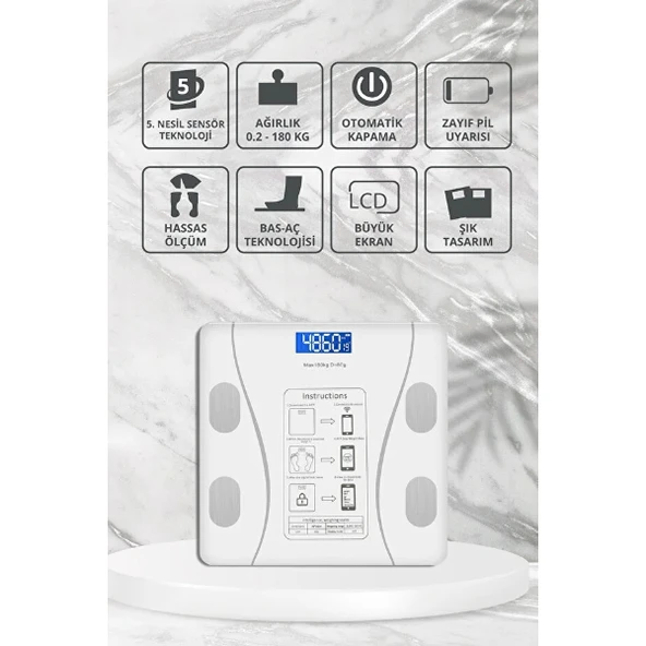 Periboia Beyaz Renk Bluetooth Özellikli Akıllı Tartı - Resim 3