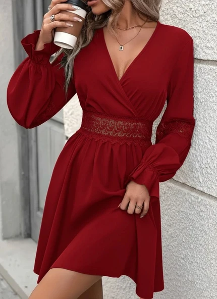 MDB Kadın Uzun Kollu Kruvaze Yakalı Dantelli Fermuar Detaylı Mini Ithal Krep Elbise ürün görseli 1