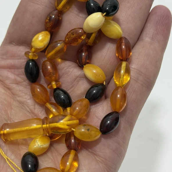 Renk Karması Doğal Kaya Damla Kehribar Tesbih 33lük 11,35x7,4mm 14 Gram - Resim 7