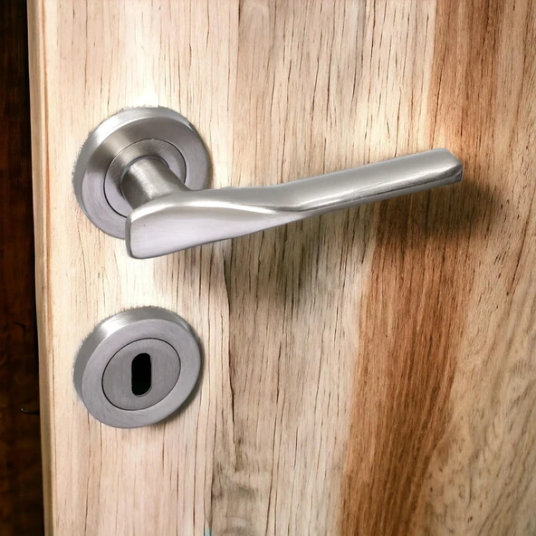 Saten Rozetli Oda Kapı Kolu Sürgülü ve Çelik Kapı Kulpu Uyumlu Daire Sağa Sola Uygun Kolları - Resim 4