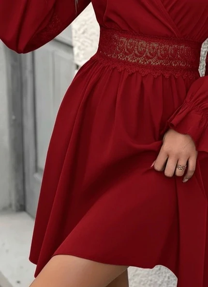 MDB Kadın Uzun Kollu Kruvaze Yakalı Dantelli Fermuar Detaylı Mini Ithal Krep Elbise - Resim 3