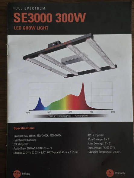 Spider Farmer SE3000 LED Bitki Yetiştirme Lambası 300W - Resim 5