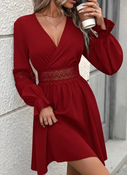 MDB Kadın Uzun Kollu Kruvaze Yakalı Dantelli Fermuar Detaylı Mini Ithal Krep Elbise - Resim 4