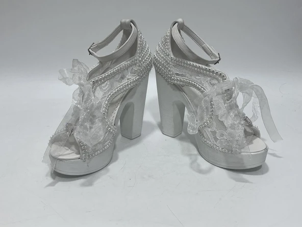 Ayakkabı Tutkusu Stilo İnci Kaplama Kalın Topuk Gelin Ayakkabısı 39 Numara - Resim 5