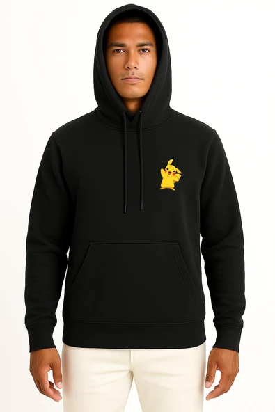 Kapüşonlu Pikachu Cep Baskılı Unisex Sweatshirt - Resim 9
