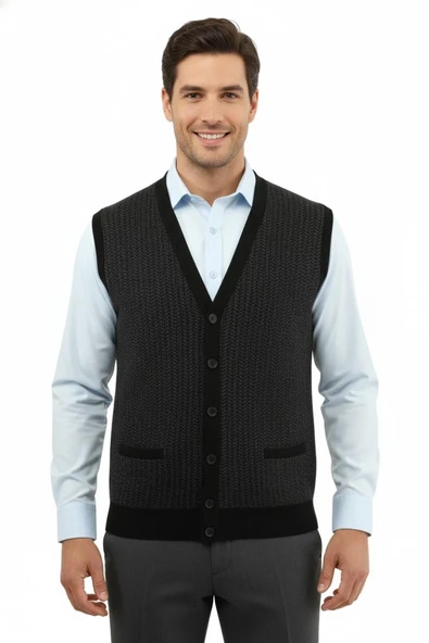 Erkek Düğmeli Yelek Cepli Çelik Örgü Klasik Kalıp 5212L BGL-ST04845 - Resim 3