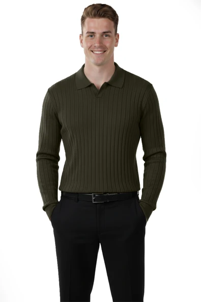 DeepSEA Erkek Polo Yaka Fitilli Triko Kazak – %100 Pamuk, Esnek Dokulu, Modern Kalıp 2605305 - Resim 6