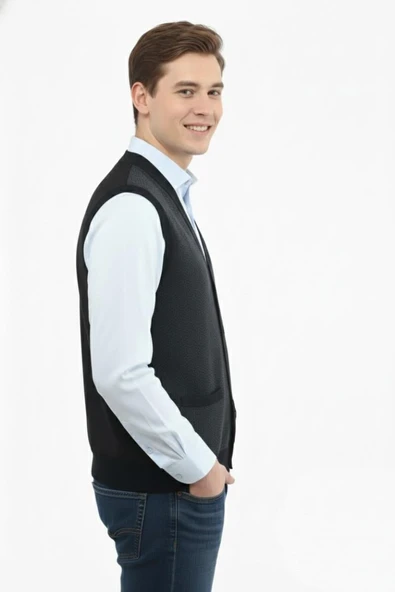 Erkek Düğmeli Yelek Cepli Çelik Örgü Klasik Kalıp 5212L BGL-ST04845 - Resim 12