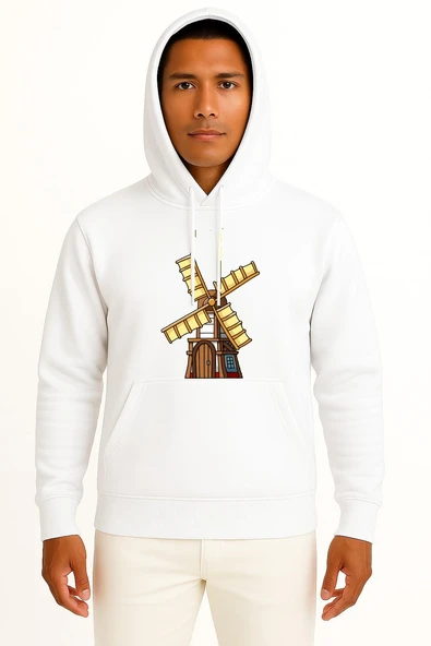 Kapüşonlu Kahverengi Ve Sarı Yel Değirmeni Göğüs Baskılı Unisex Sweatshirt - Resim 5