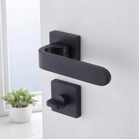 Kapı Kolu Kare Rozetli WC - BANYO Siyah Ev Kapı Kolları Sağa Sola Uygun Kilitlenebilir 1 Takım - Resim 4