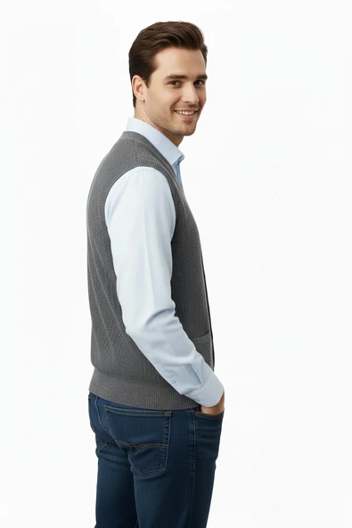 Erkek Düğmeli Yelek Cepli Çelik Örgü Klasik Kalıp 5212L BGL-ST04845 - Resim 10