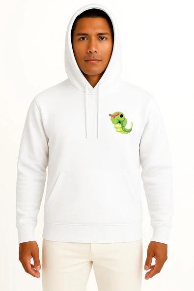 Kapüşonlu Caterpie Cep Baskılı Unisex Sweatshirt - Resim 3