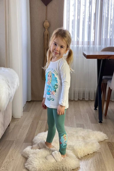 Elsa Desenli Yeşil Renk Kız Çocuk Taytlı Takım ürün görseli