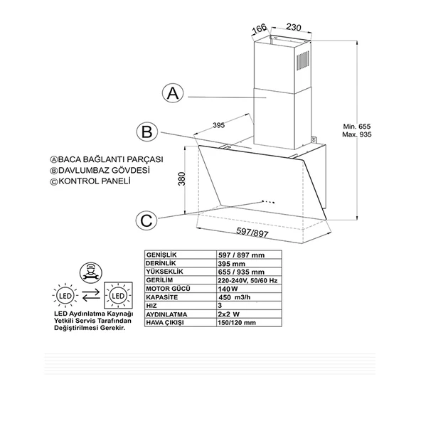 NARTE-H20160W 60CM BEYAZ CAM EĞİMLİ DAVLUMBAZ - 6 YIL GARANTİLİ - Resim 5