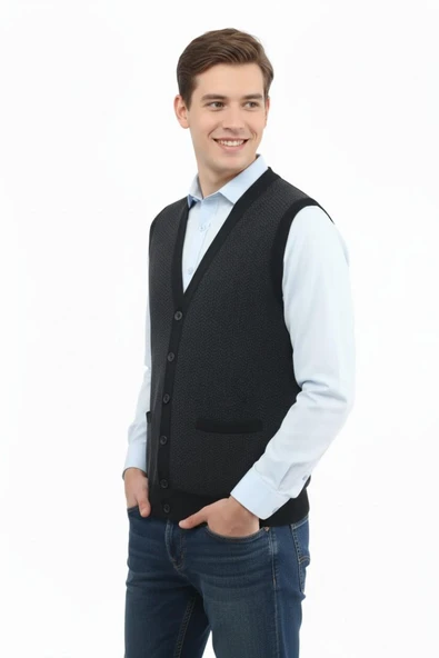 Erkek Düğmeli Yelek Cepli Çelik Örgü Klasik Kalıp 5212L BGL-ST04845 - Resim 8