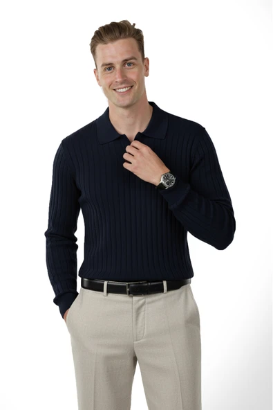 DeepSEA Erkek Polo Yaka Fitilli Triko Kazak – %100 Pamuk, Esnek Dokulu, Modern Kalıp 2605305 - Resim 5