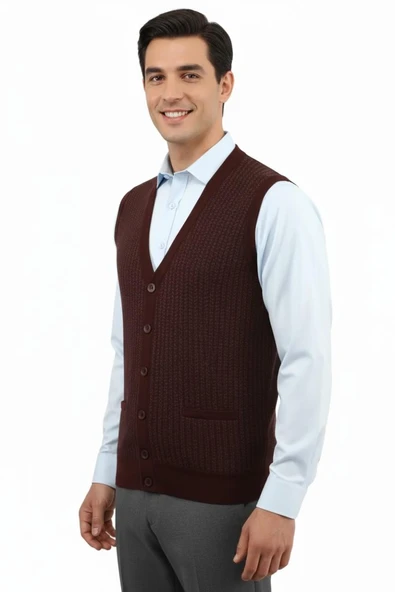 Erkek Düğmeli Yelek Cepli Çelik Örgü Klasik Kalıp 5212L BGL-ST04845 - Resim 9