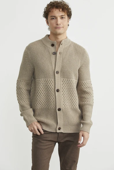 Petek Motifli Dik Yaka Triko Hırka - Kamel ürün görseli 1