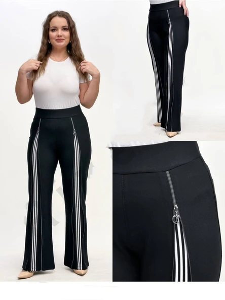 ZANESSI 7216 Kadın Büyük Beden Likralı Pantolon – Lastikli, Yüksek Toparlayıcı Bel, Uzun Fermuar Detaylı, Beyaz Şeritli - Resim 5