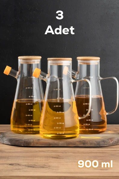 Thn 3 lü bambu kapaklı cam yağlık sirkelik zeytin yağlık 900 ml. cam sürahi ürün görseli