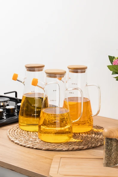Thn 3 lü bambu kapaklı cam yağlık sirkelik zeytin yağlık 900 ml. cam sürahi - Resim 2