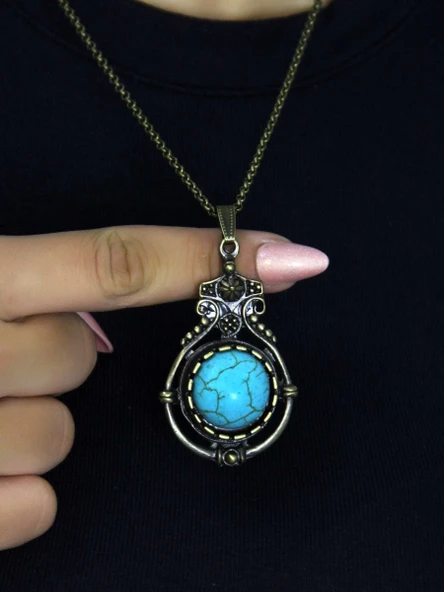 Doğal Taş Firuze Doğal Taşlı Desenli Otantik Kadın Kolye 45 Cm Zincirli euk14f ürün görseli