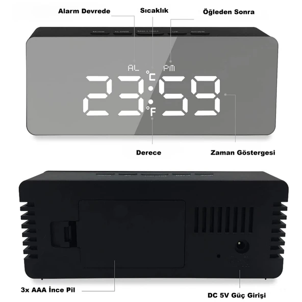 HyMark Dijital Çalar Saat Usb/Pil Aynalı LED Termometre Alarm Gece Modlu Eletronik Saat - Resim 5