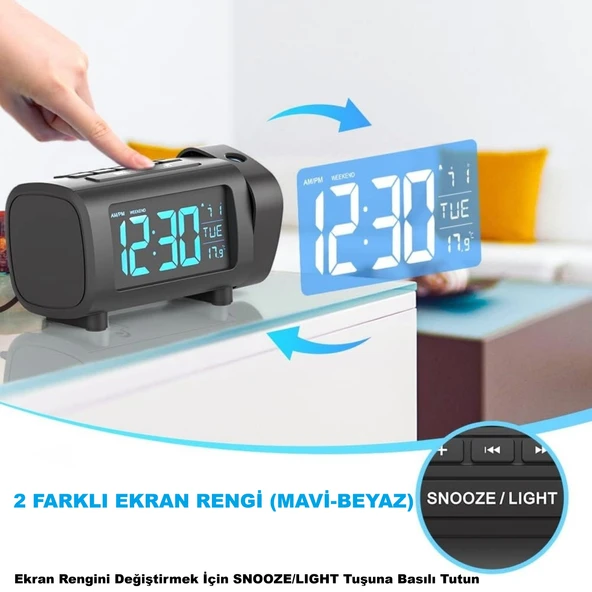 HyMark Mavi Projeksiyonlu Çalar Saat FM Radyo Dijital Saat USB Şarj Sıcaklık 4 Seviye Parlaklık - Resim 5
