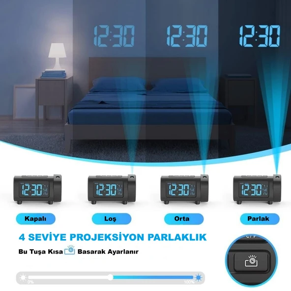 HyMark Mavi Projeksiyonlu Çalar Saat FM Radyo Dijital Saat USB Şarj Sıcaklık 4 Seviye Parlaklık - Resim 7