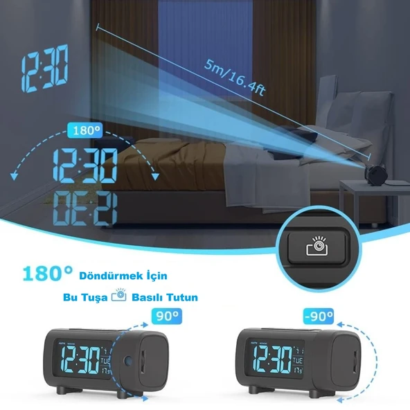 HyMark Mavi Projeksiyonlu Çalar Saat FM Radyo Dijital Saat USB Şarj Sıcaklık 4 Seviye Parlaklık - Resim 3