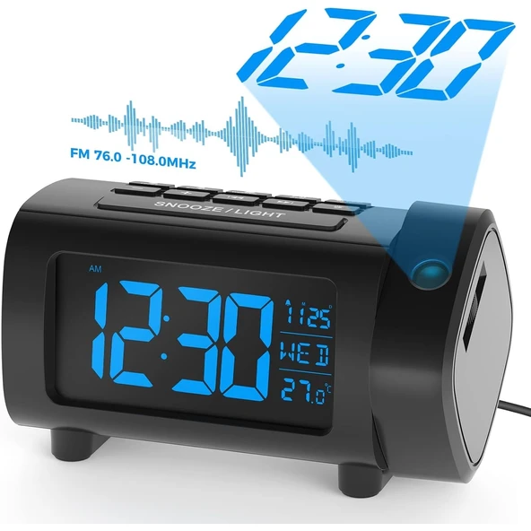 HyMark Mavi Projeksiyonlu Çalar Saat FM Radyo Dijital Saat USB Şarj Sıcaklık 4 Seviye Parlaklık ürün görseli 1